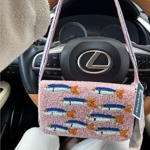 Anthropologie Pink Beaded Fish Shoulder Bag